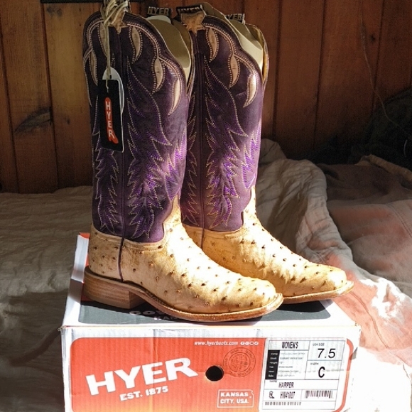 Hyer Boots Shoes - Hyer Harper Purple and Tan Ostrich Cowgirl Rodeo Western Boots DISCONTINUED 7.5
